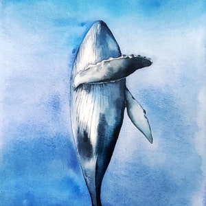 Dipinto originale ad acquerello di una balenottera azzurra, opera d'arte sottomarina, belle arti della vita marina, balena ad acquerello, arte murale dell'oceano scuro, arte della balenottera azzurra