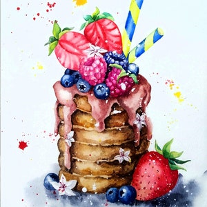 ORIGINEEL aquarel pannenkoek schilderij, roze cupcake kunst aan de muur, voedselillustratie, snoep schilderij, aardbei aquarel keuken beeldende kunst