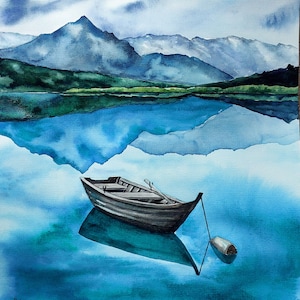 May include: A watercolour painting of a mountain lake with a small wooden boat in the water. The sky is cloudy and the mountains are reflected in the water.