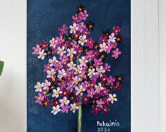 絵画　花　草 忘れな草の絵画 花 オリジナルアート インパスト 油絵 額入り 4x4