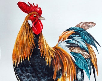オリジナルの水彩画、雄鶏の絵、鳥の水彩画、農家の雄鶏のアート、農場