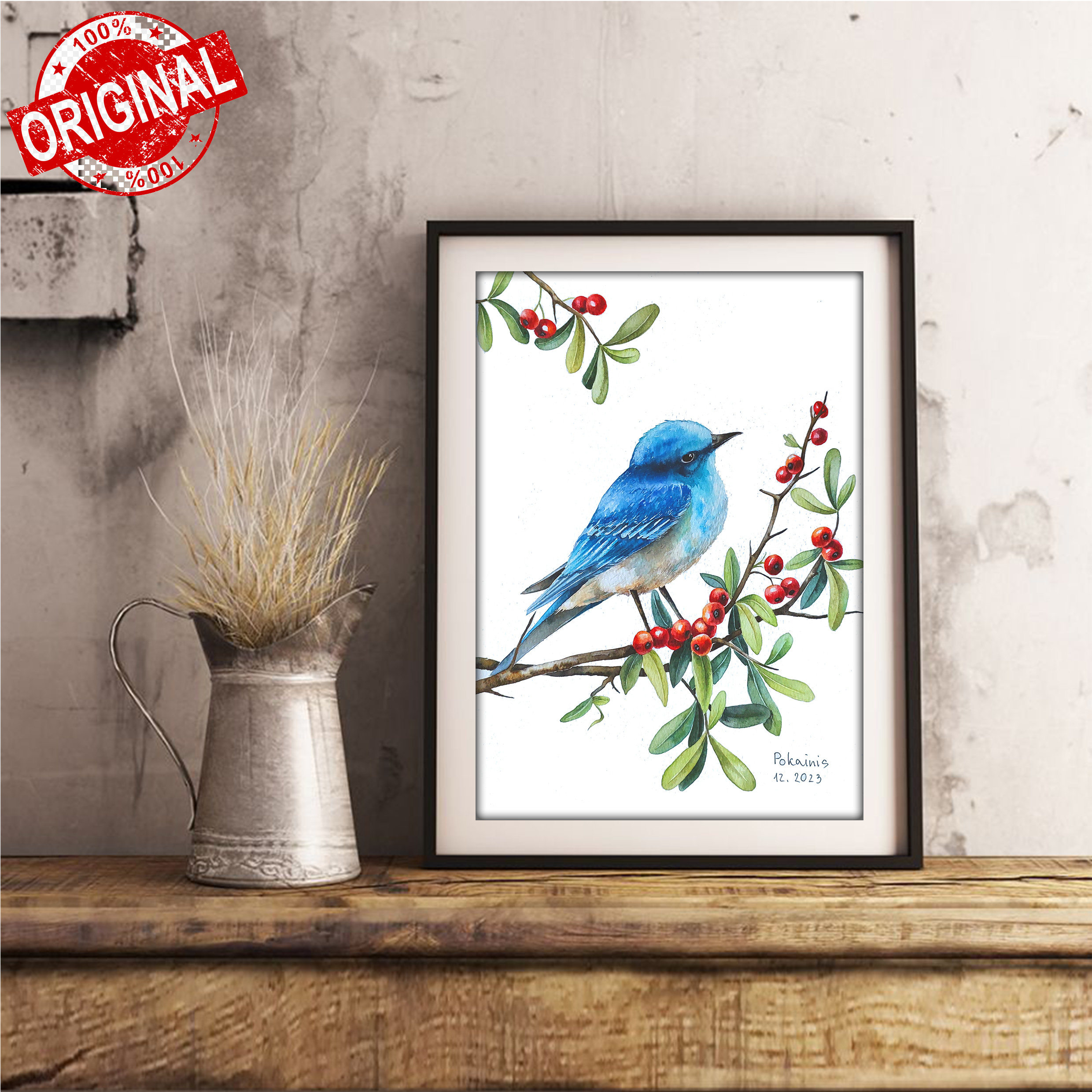 抽象的な鳥の水彩画 24✖️27 オリジナルの青い鳥の水彩画：枝に止まる鳥、竹紙 - Etsy 日本