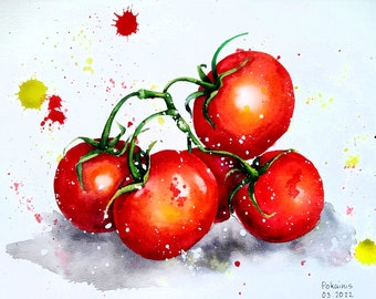 オリジナル水彩画、トマトのオリジナルアートワーク、庭の水彩画