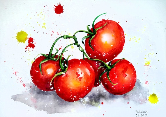 オリジナル水彩画、トマトのオリジナルアートワーク、庭の水彩画