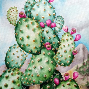 Aquarelle originale de cactus, art mural botanique, art mural cactus figue de barbarie, beaux-arts de paysage désertique, peinture de paysage de l'Arizona