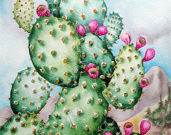 Cactus painting, botanical wall art, prickly pear cactus, cactus wall art, desert wall art, watercolor landscape painting, original painting