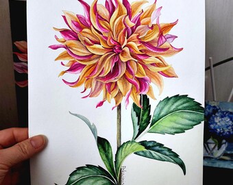 オリジナル水彩画、花の絵画、花の壁アート、ダリアの絵画、一輪の花の
