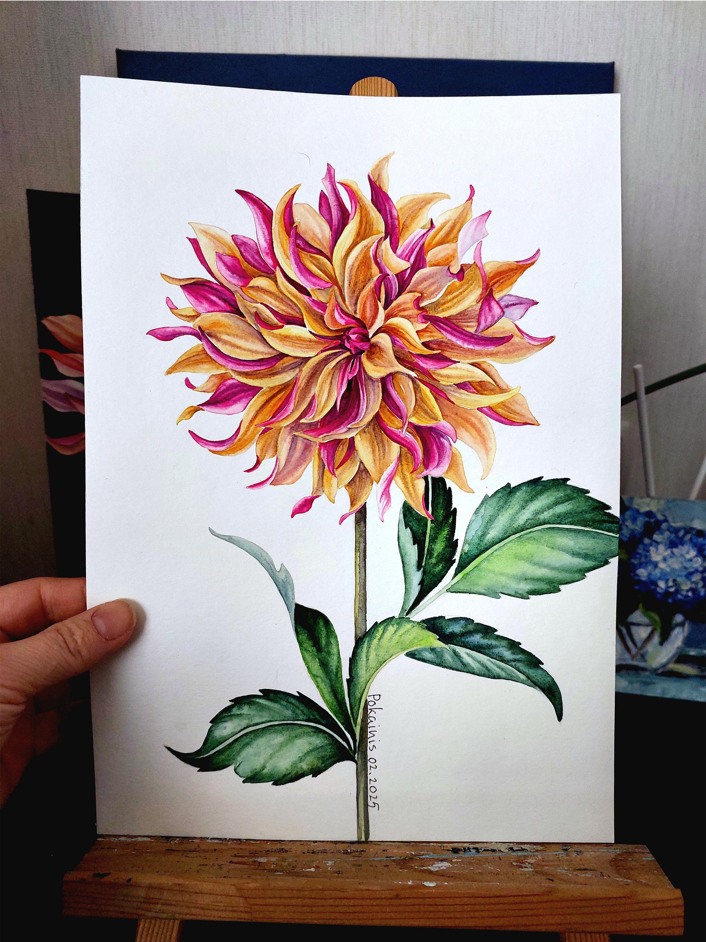 オリジナル水彩画、花の絵画、花の壁アート、ダリアの絵画、一輪の花の