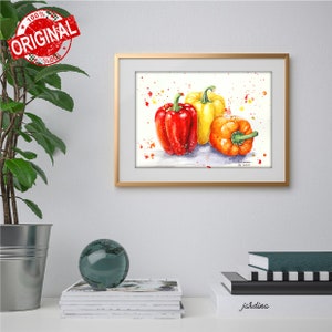May include: Watercolor painting of three bell peppers, one red, one yellow, and one orange, on a white background with splattered paint.