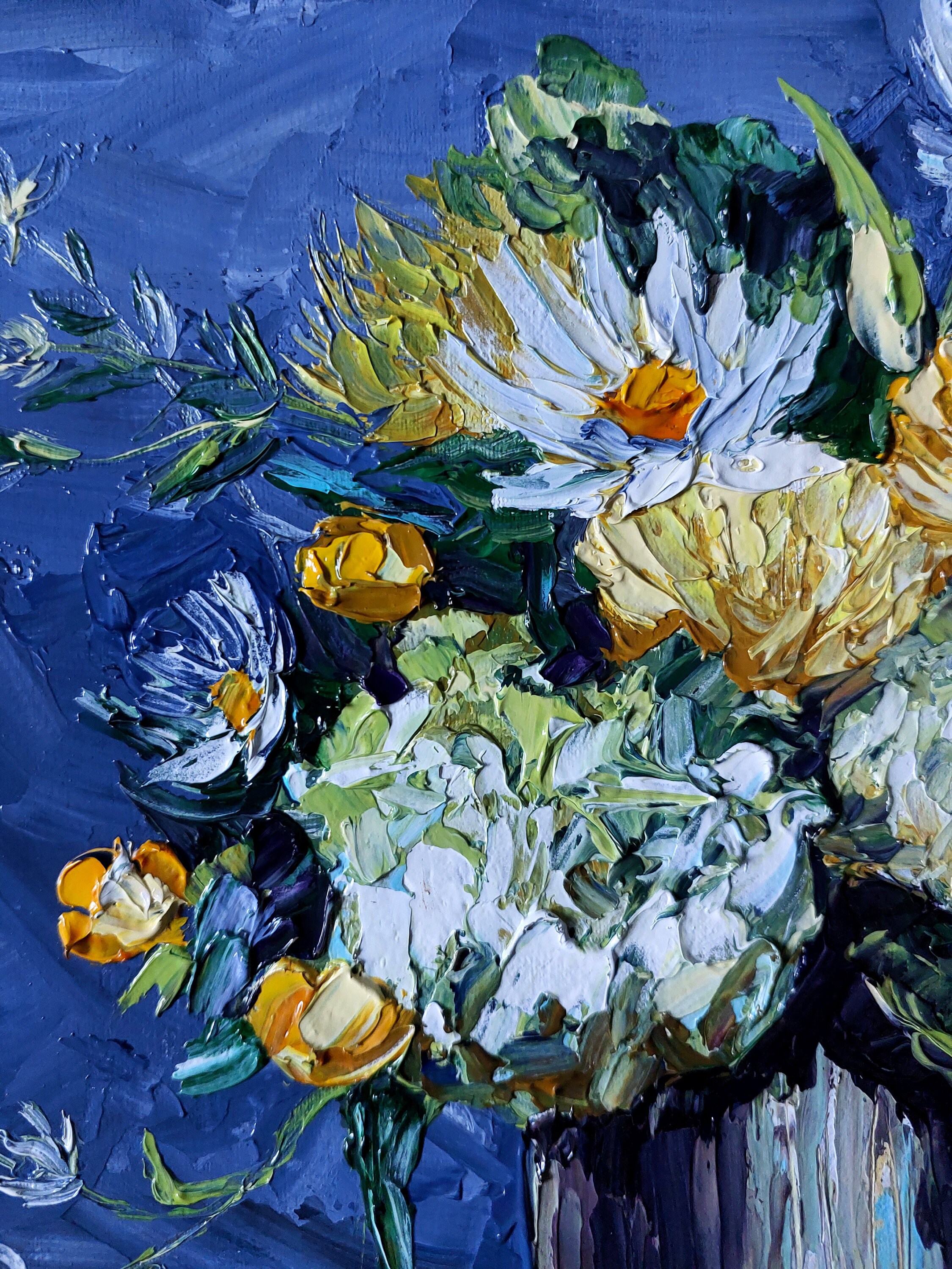 花の静物画のオリジナル油絵、インパストアート、植物のファインアート