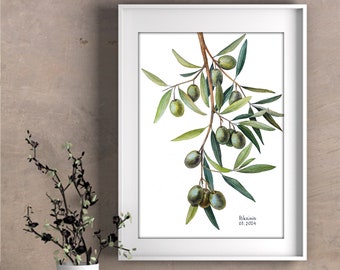 植物画　額入り ハーブ オリーブ イタリア 水彩画 オリーブの実 オリーブの枝のオリジナル水彩画、食べ物のイラスト、ギリシャの植物の