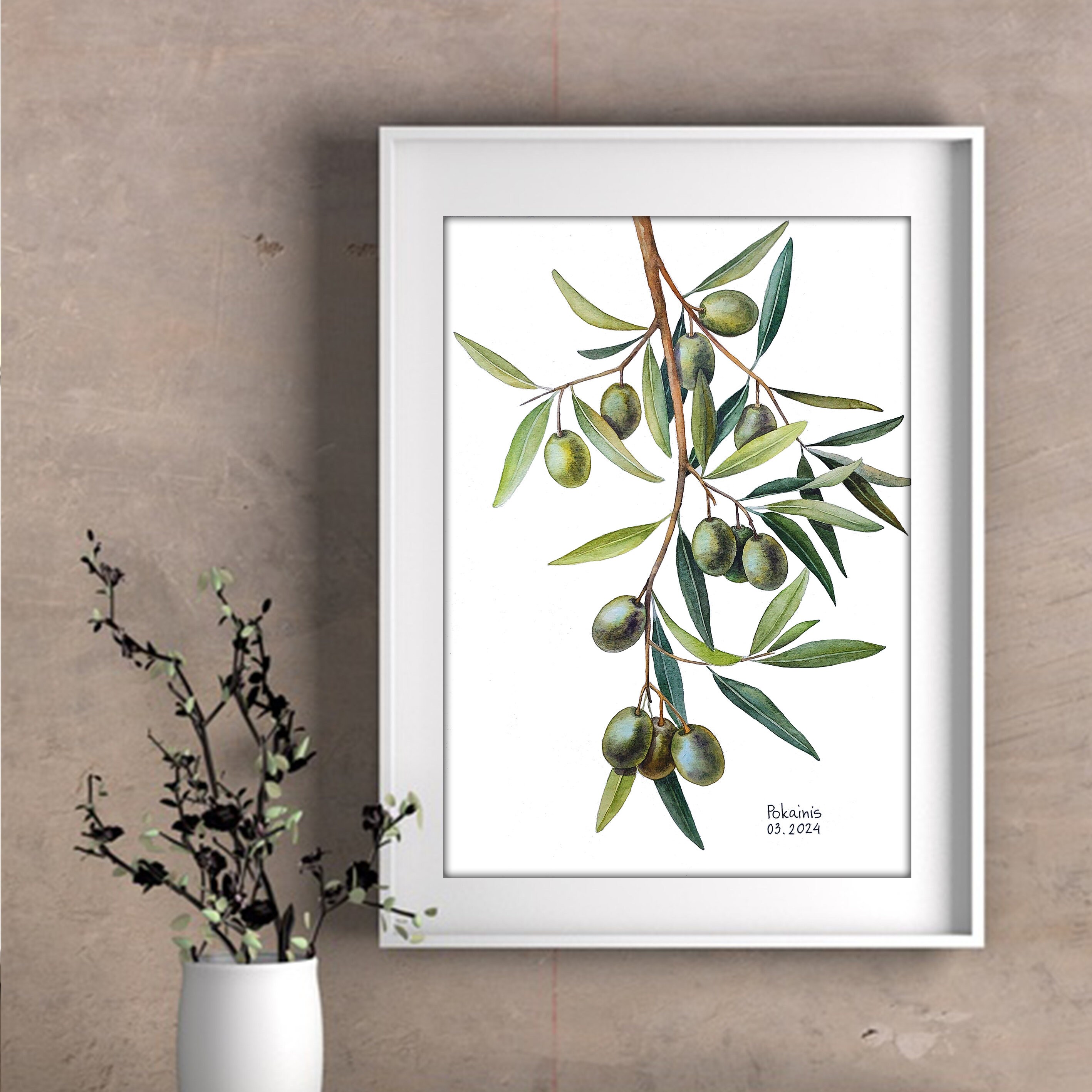 オリーブの枝のオリジナル水彩画、食べ物のイラスト、ギリシャの植物の