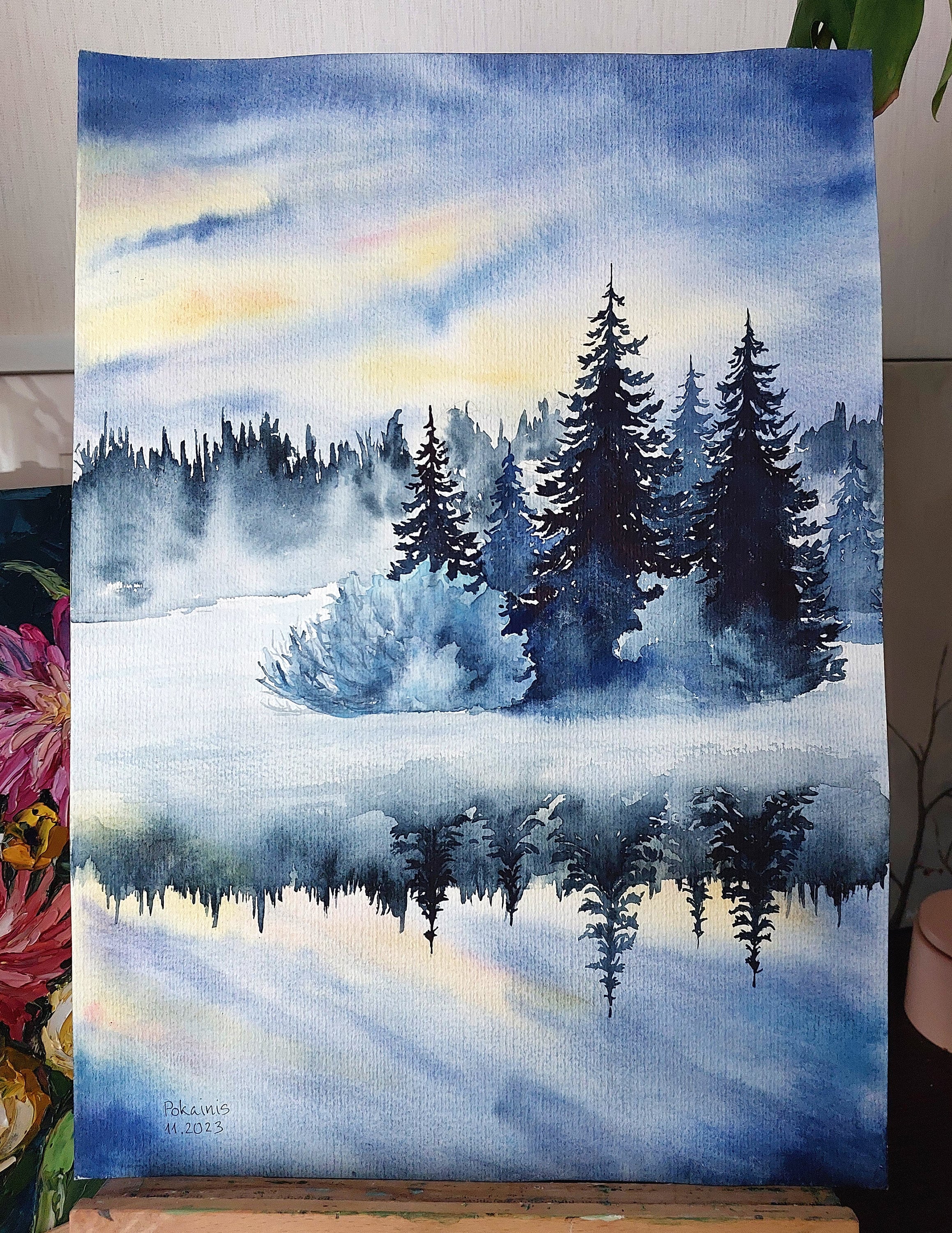 オリジナル水彩画「冬の森の絵画」雪景色（12x16インチ） - Etsy 日本