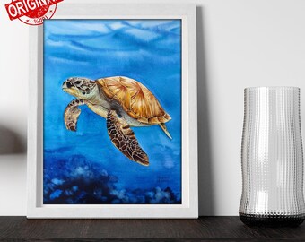 オリジナル水彩画、ウミガメの絵画、ウミガメの壁アート、海の動物の