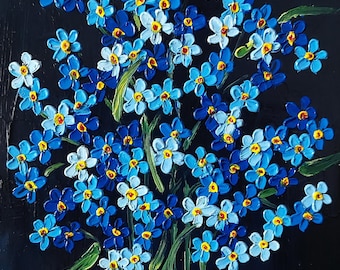 忘れな草の油絵、オリジナルアートワークの厚塗り油絵、野生の花