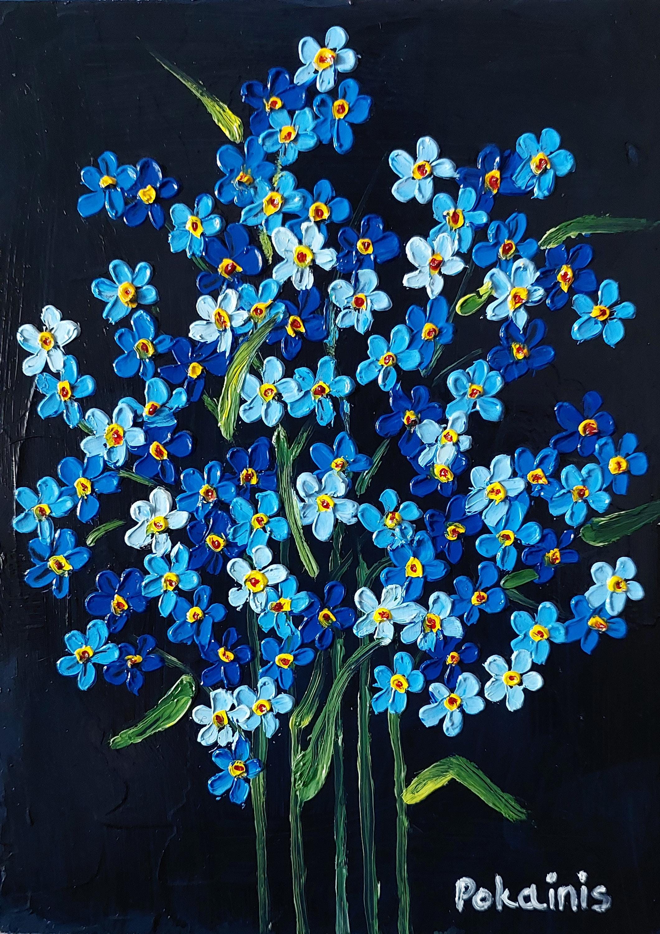 忘れな草の油絵、オリジナルアートワークの厚塗り油絵、野生の花 忘れな草の油絵、オリジナルアートワークの厚塗り油絵、野生の花