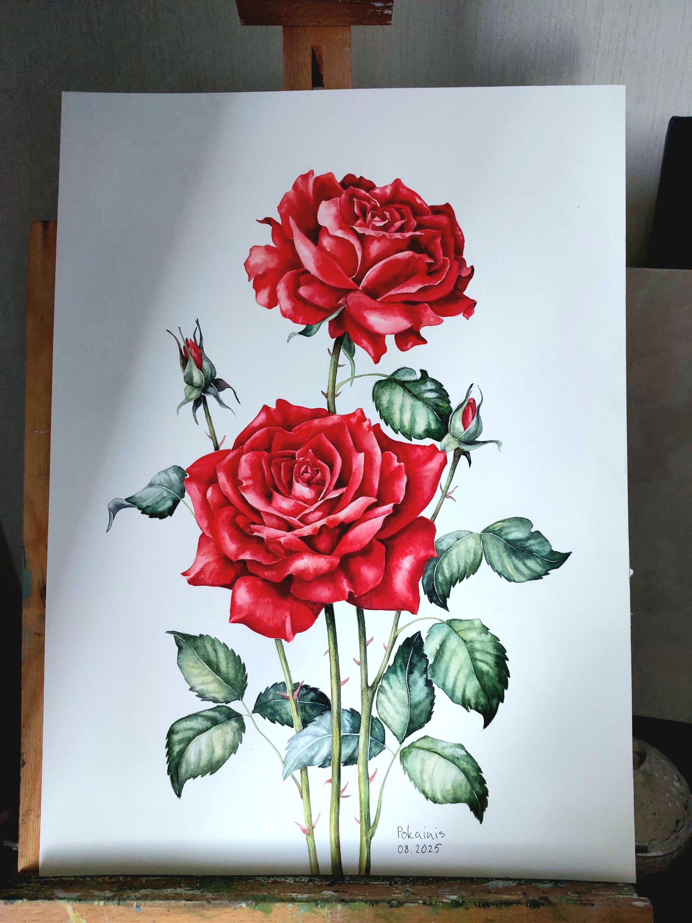 赤いバラのオリジナル水彩画、バラの壁アート、花の静物画、夏の花の