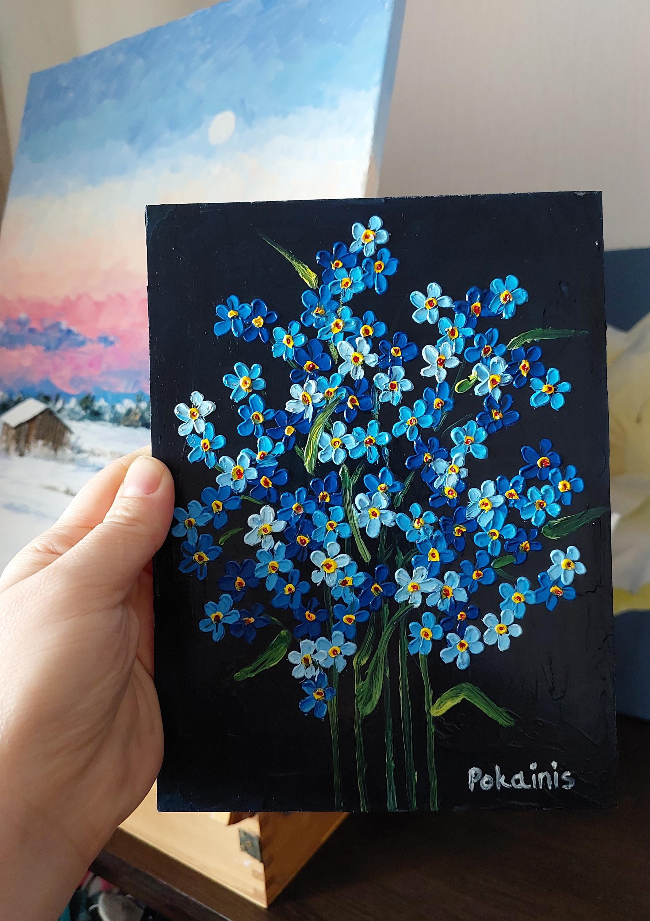 忘れな草の油絵、オリジナルアートワークの厚塗り油絵、野生の花の壁