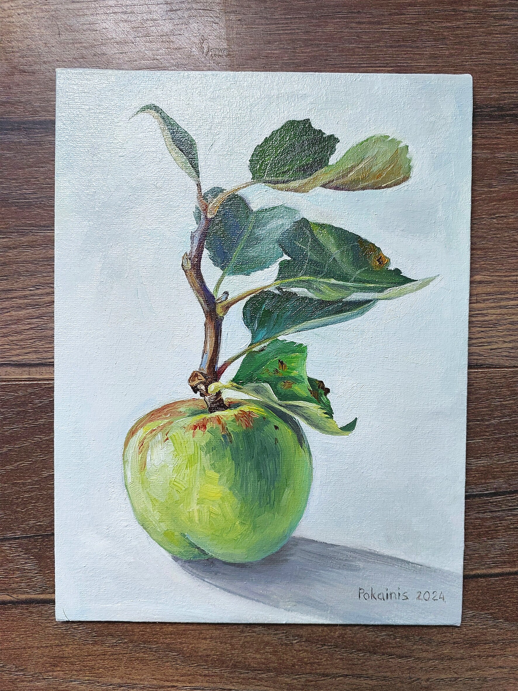 小さな油絵、オリジナルアート作品、リンゴの油絵、果物の静物油絵