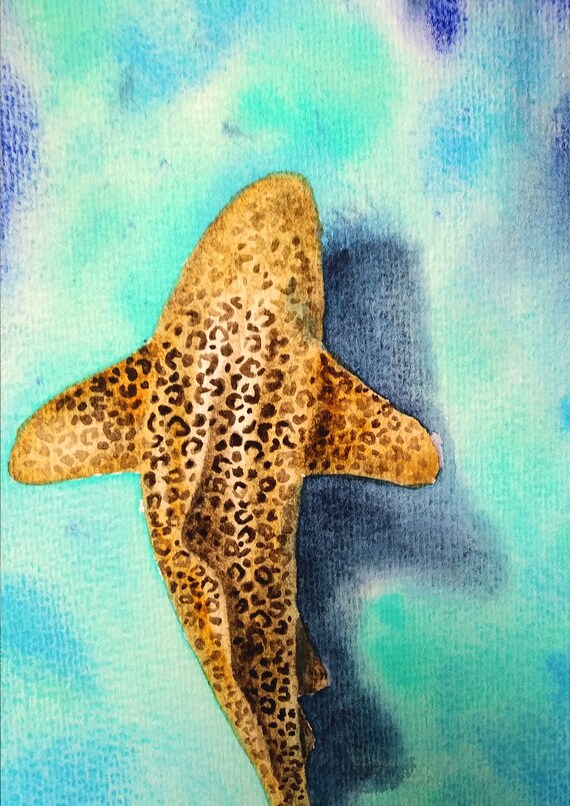 オリジナル水彩画、ヒョウザメの絵画、水中画、海の壁画、海の動物の