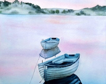 オリジナル水彩画、霧の風景画、手漕ぎボートの壁画、写真からの絵画
