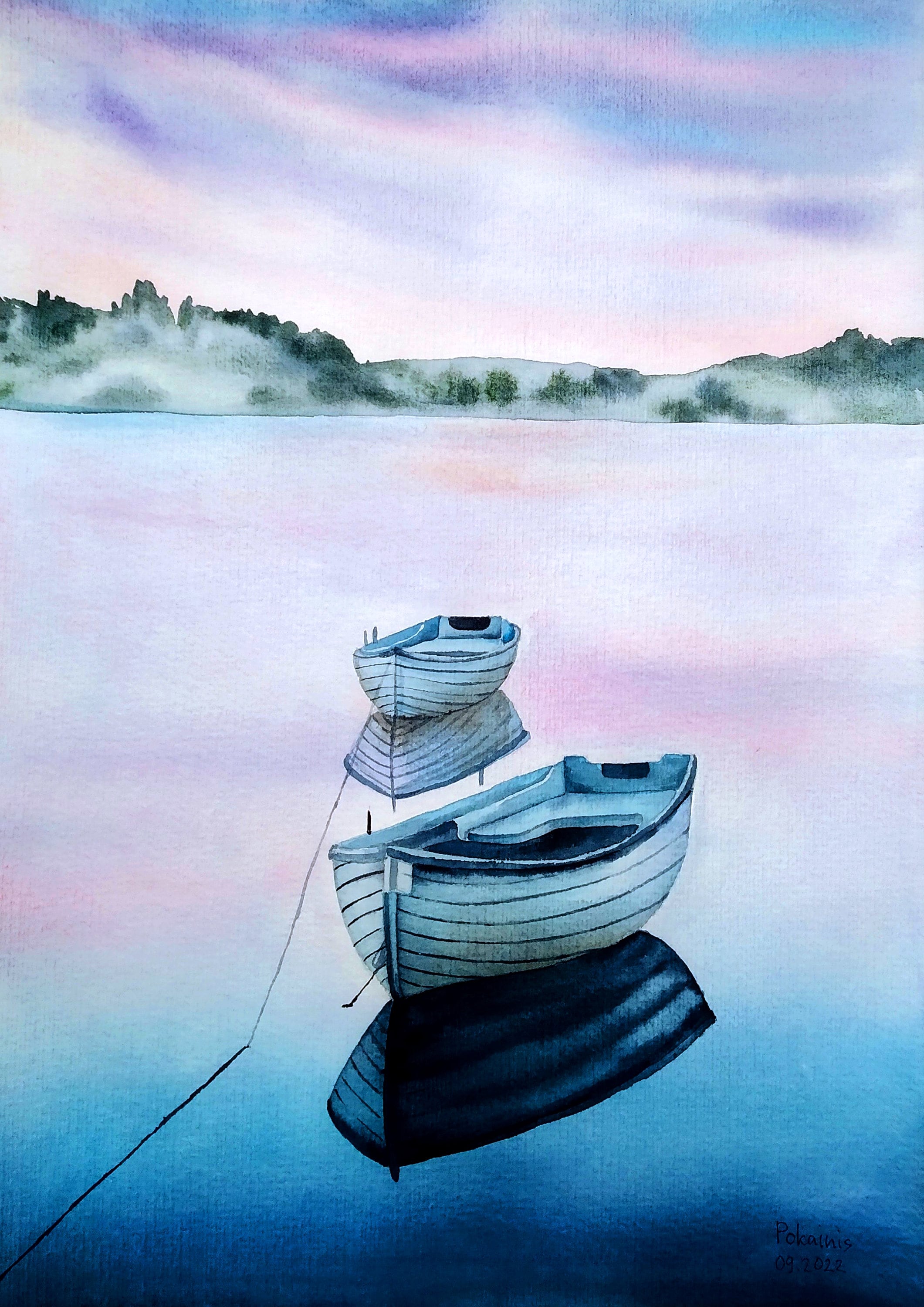 水彩画 風景 ボートと湖 モノトーン　＊交渉可 il_fullxfull.4189274781_q1vc.jpg