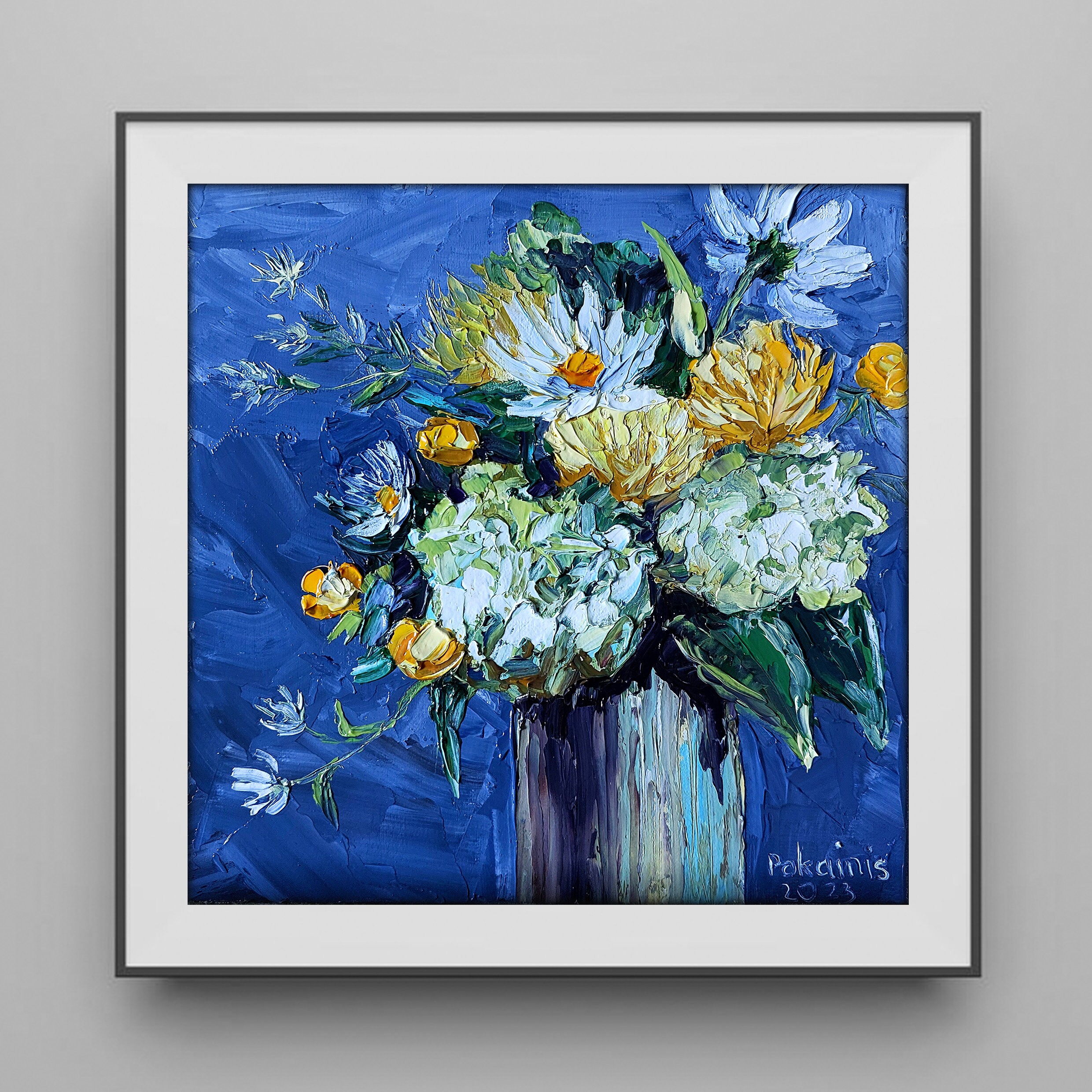 小さな花のオリジナル油絵、花の静物画、植物のアートワーク、花瓶に