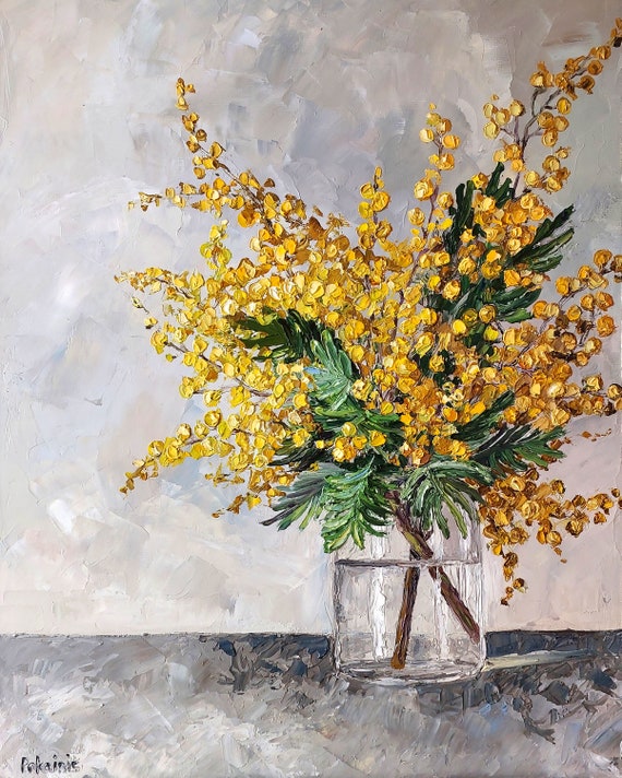 オリジナルの厚塗り油絵、花の静物画、植物のアートワーク、ミモザの