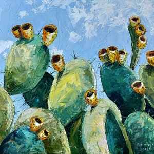 Peinture à l&#39;huile originale de cactus, art mural de cactus, oeuvre d&#39;art botanique de figue de barbarie, art mural succulent, oeuvre d&#39;art originale du désert, beaux-arts d&#39;empâtement