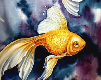 オリジナル水彩画、金魚の絵、禅の壁アート、オレンジ色の壁アート