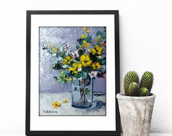 小さなオリジナルの油絵、花の静物画の壁画、植物のアートワーク、花瓶
