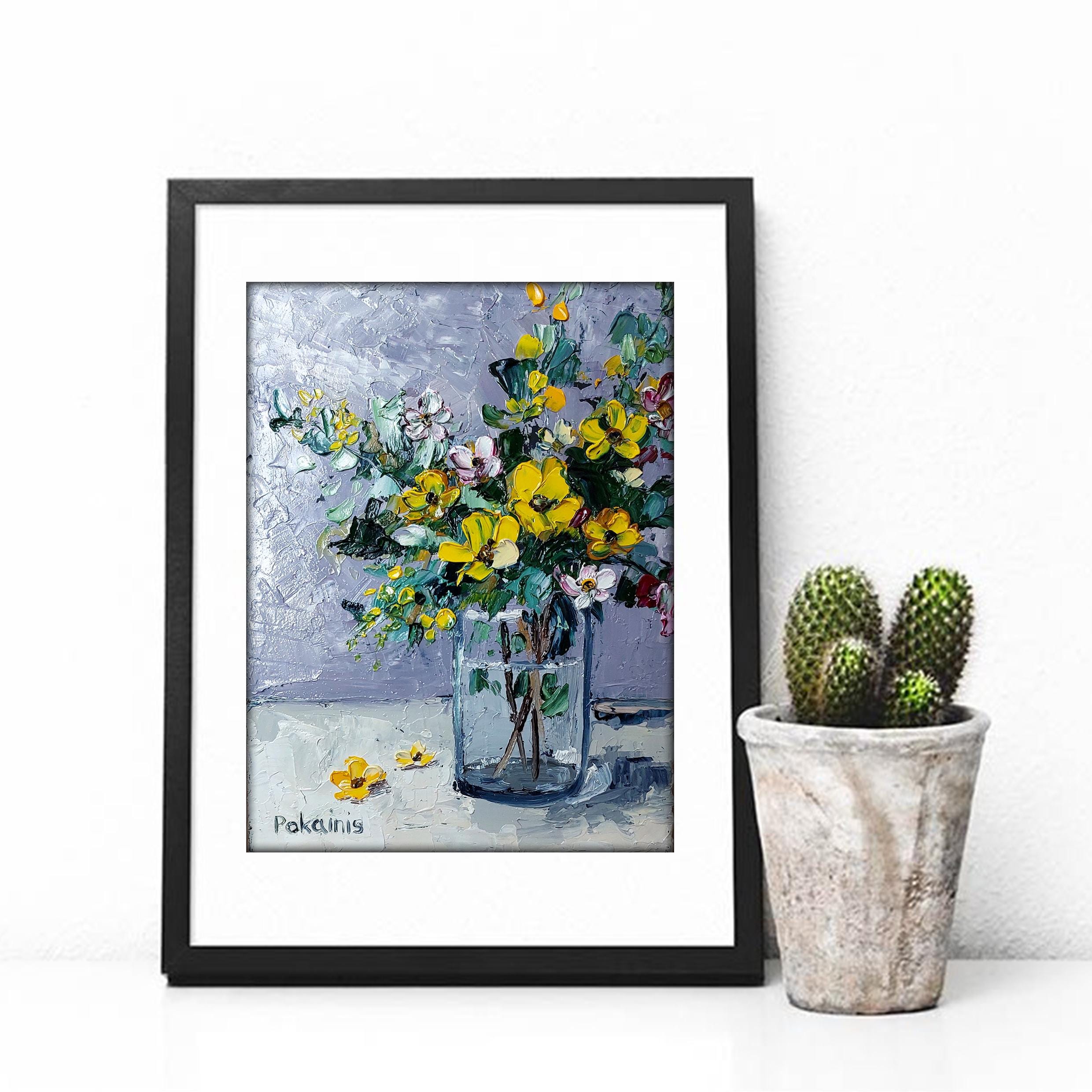 小さなオリジナルの油絵、花の静物画の壁画、植物のアートワーク、花瓶