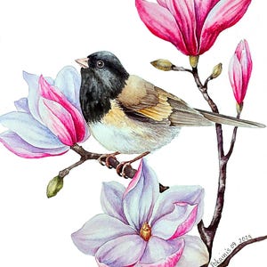 ORIGINAL watercolor painting, magnolia artwork, chickadee painting wild bird artwork bird watcher gift, titmouse wall art, spring flower art