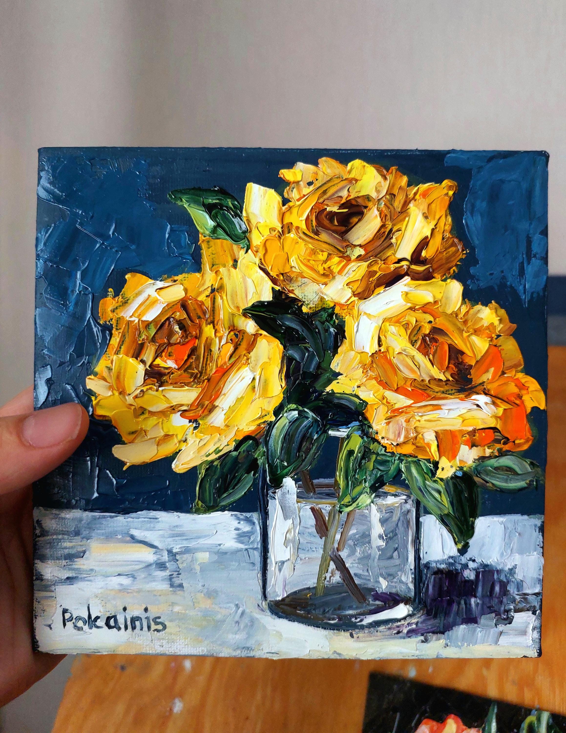 黄色いバラのオリジナル油絵、花の壁アート、厚塗りの油絵、植物の
