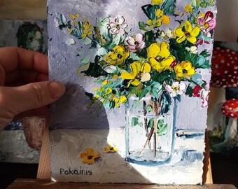 小さなオリジナルの油絵、花の静物画の壁画、植物のアートワーク、花瓶