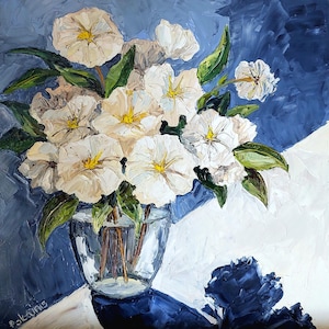 オリジナルの厚塗り油絵、花の静物画、植物のアートワーク、ミモザの