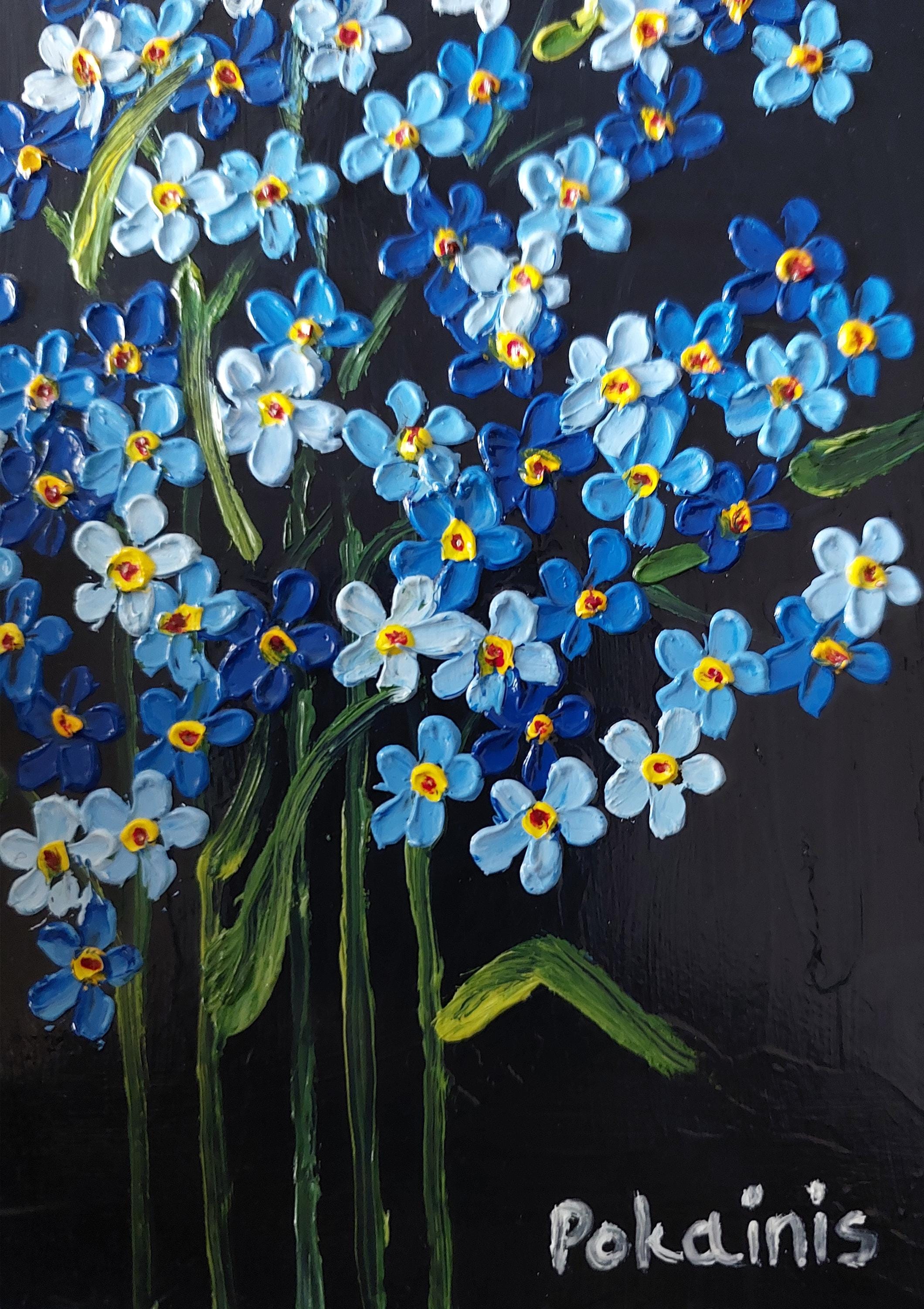 絵画　草花 忘れな草の油絵、オリジナルアートワークの厚塗り油絵、野生の花