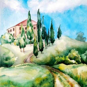 Italy orignal watercolor painting, landscape tuscany artwork, travel wall art, green hills painting, 16x11 painting italian kitchen fine art