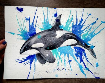 シャチのオリジナル水彩画、シャチのアートワーク、自然愛好家への