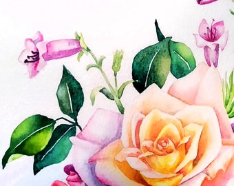 オリジナルのバラの水彩画、花瓶の花の絵画、花の静物画