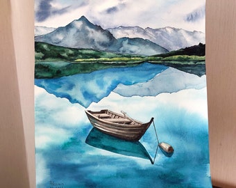 山の湖の風景を描いたオリジナル水彩画、ボート風景画 - Etsy 日本