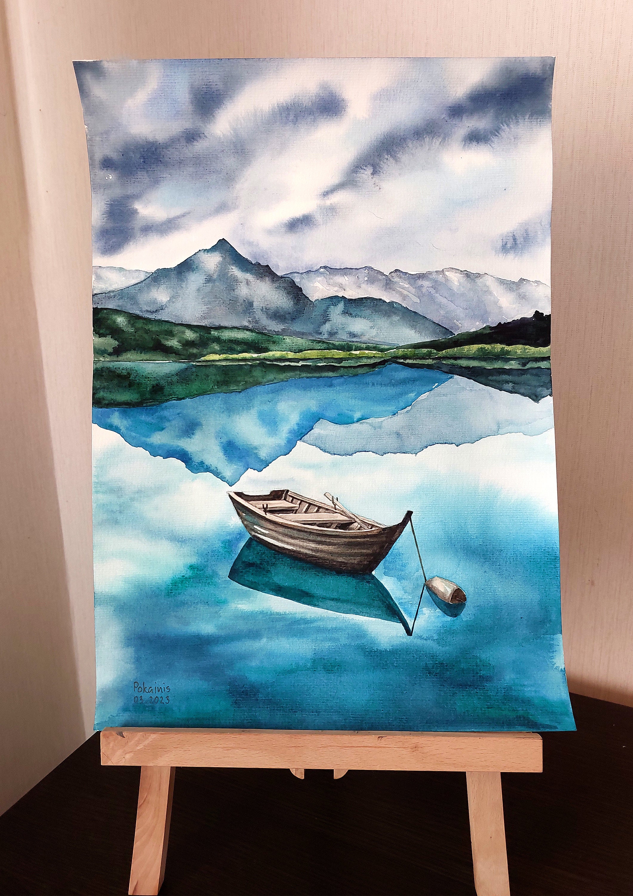 山の湖の風景を描いたオリジナル水彩画、ボート風景画 - Etsy 日本