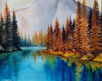オリジナル水彩画、写真からの絵画、山の壁画、森の絵画、夕焼けの壁画