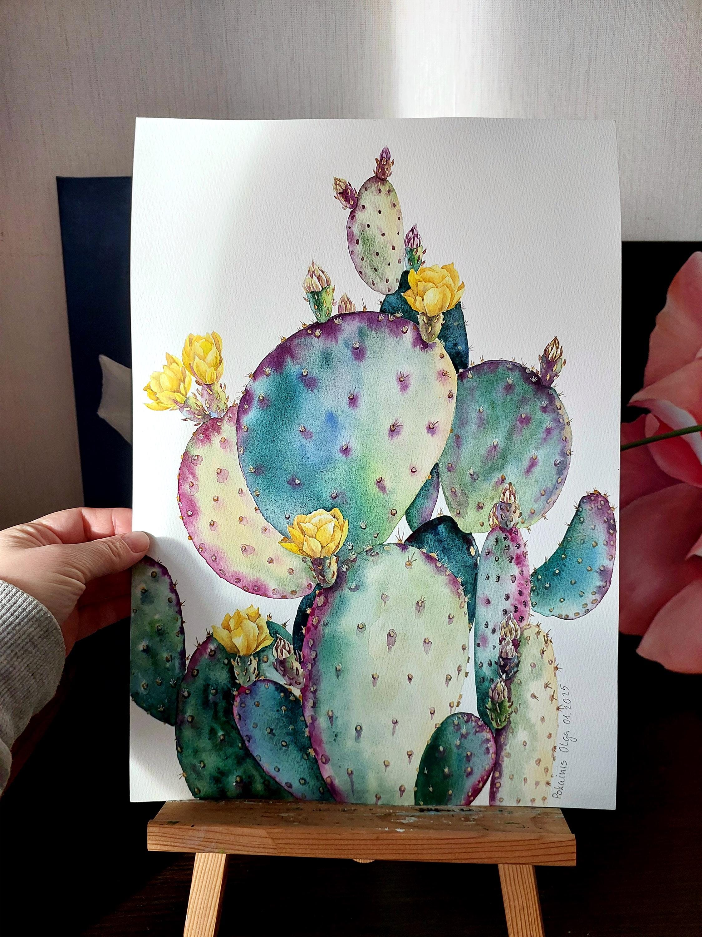 オリジナル水彩画、アリゾナの風景画、多肉植物の壁アートサボテンの