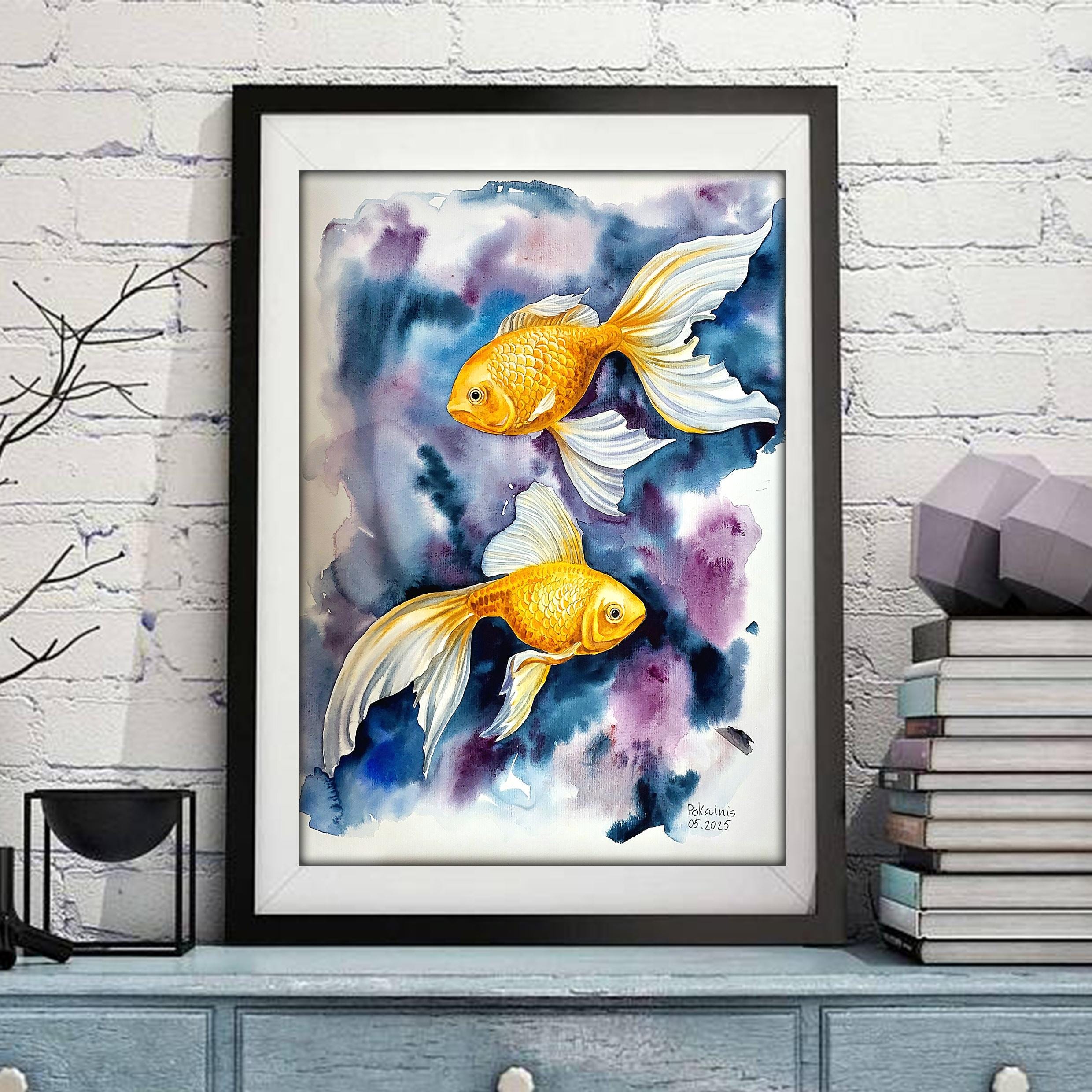 【絵画】ネイチャーアート　「金魚」原画 金魚 メタリック 水彩原画 イラスト ギフト 絵画 Annie