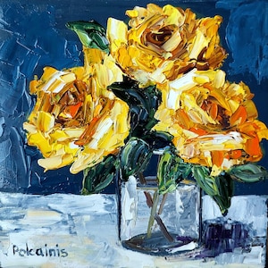 花の静物画のオリジナル油絵、インパストアート、植物のファインアート