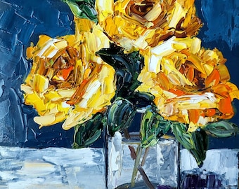 Yellow rose original oil painting, floral wall art, impasto oil painting, botanical artwork, floral still life painting, kitchen fine art