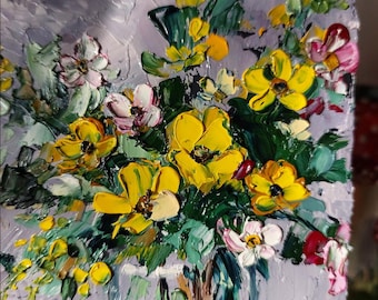 小さなオリジナルの油絵、花の静物画の壁画、植物のアートワーク、花瓶