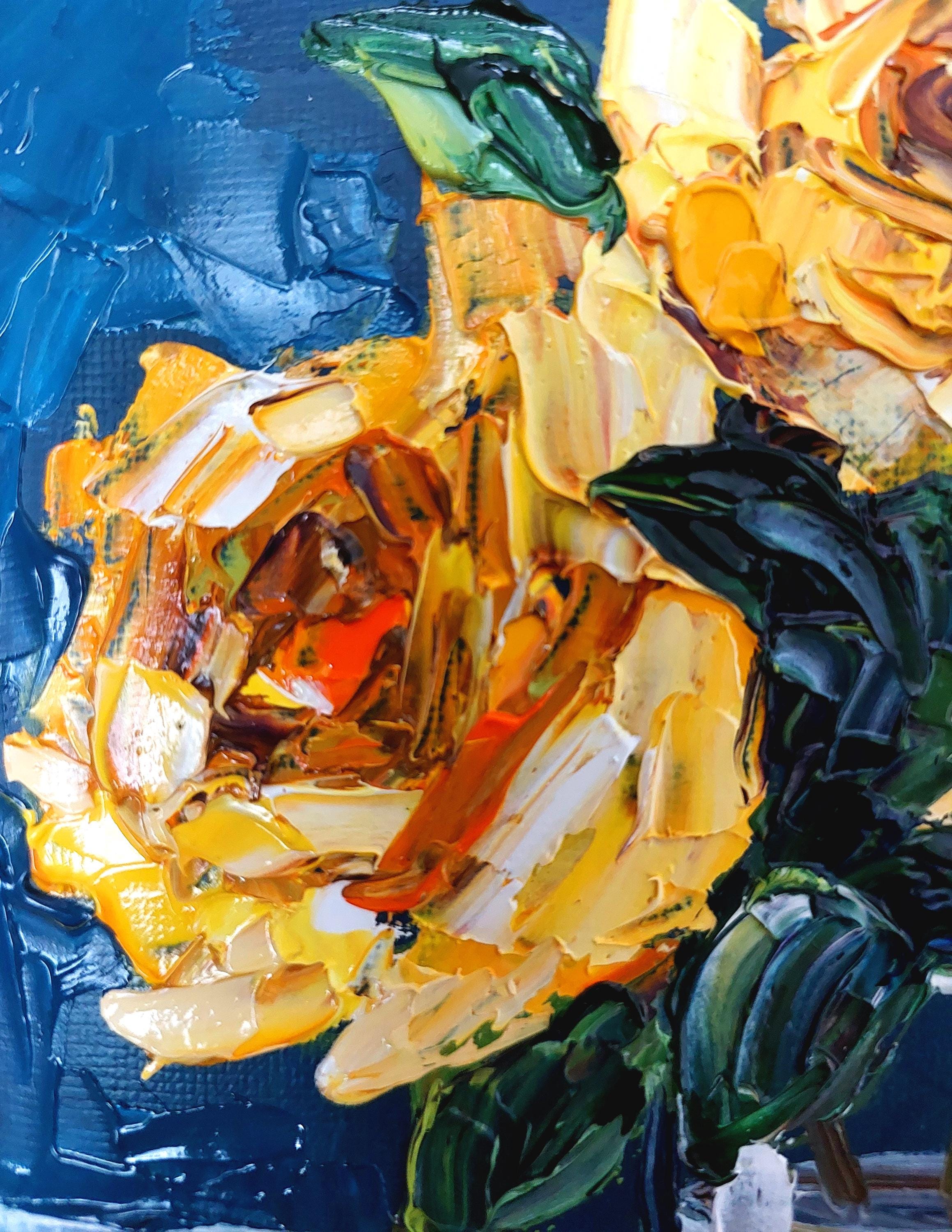 黄色いバラのオリジナル油絵、花の壁アート、厚塗りの油絵、植物の