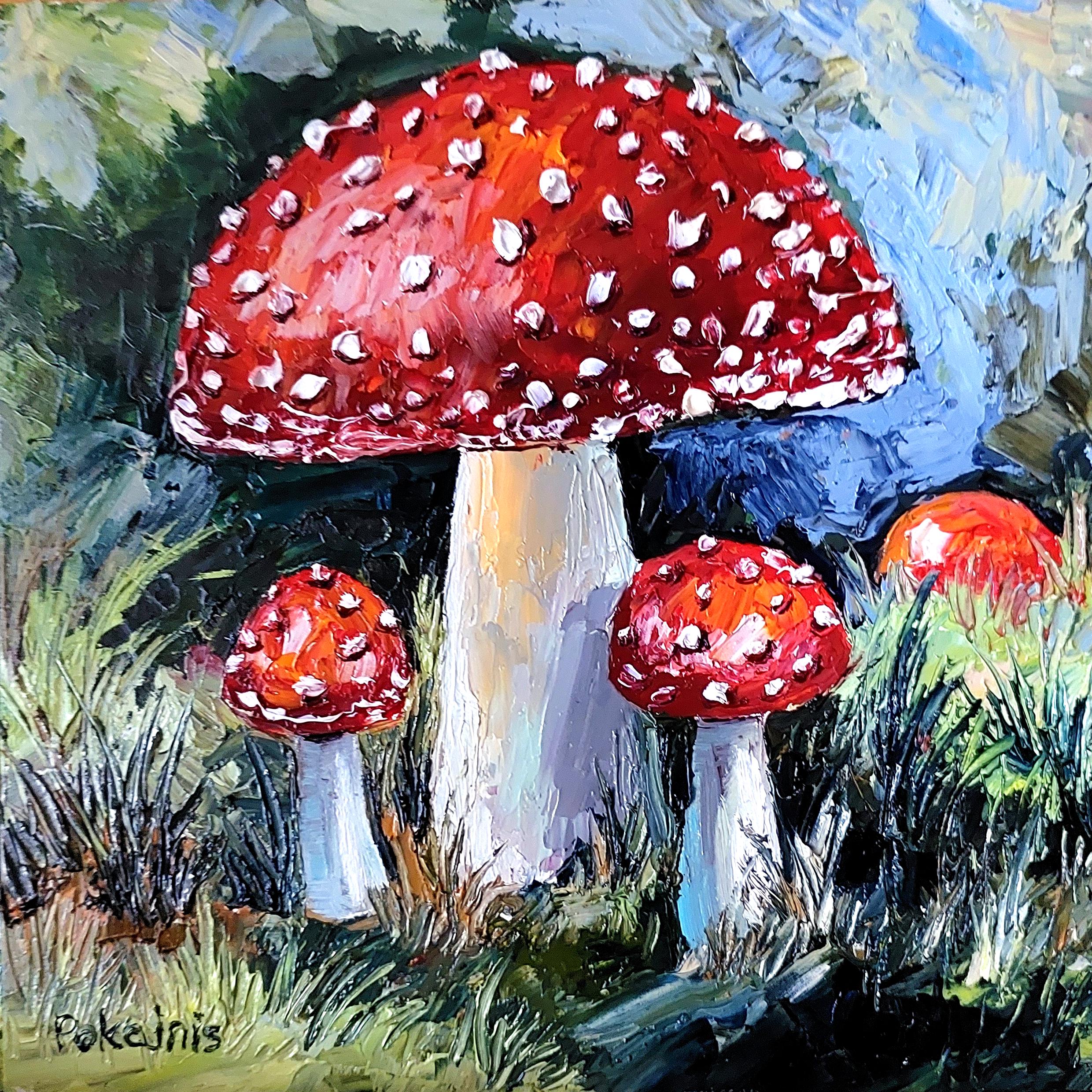 赤いキノコのオリジナル油絵：ベニテングタケの植物画、8x8インチの厚